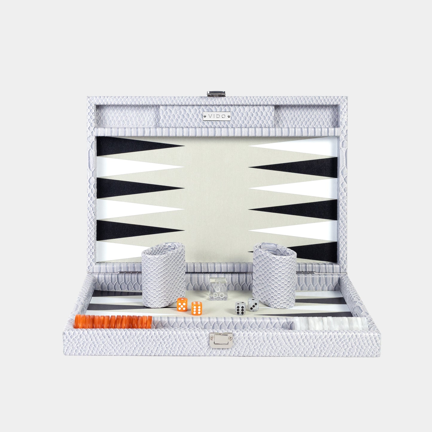 Grey backgammon set with white and black points in a decorative box on a white background by VIDO