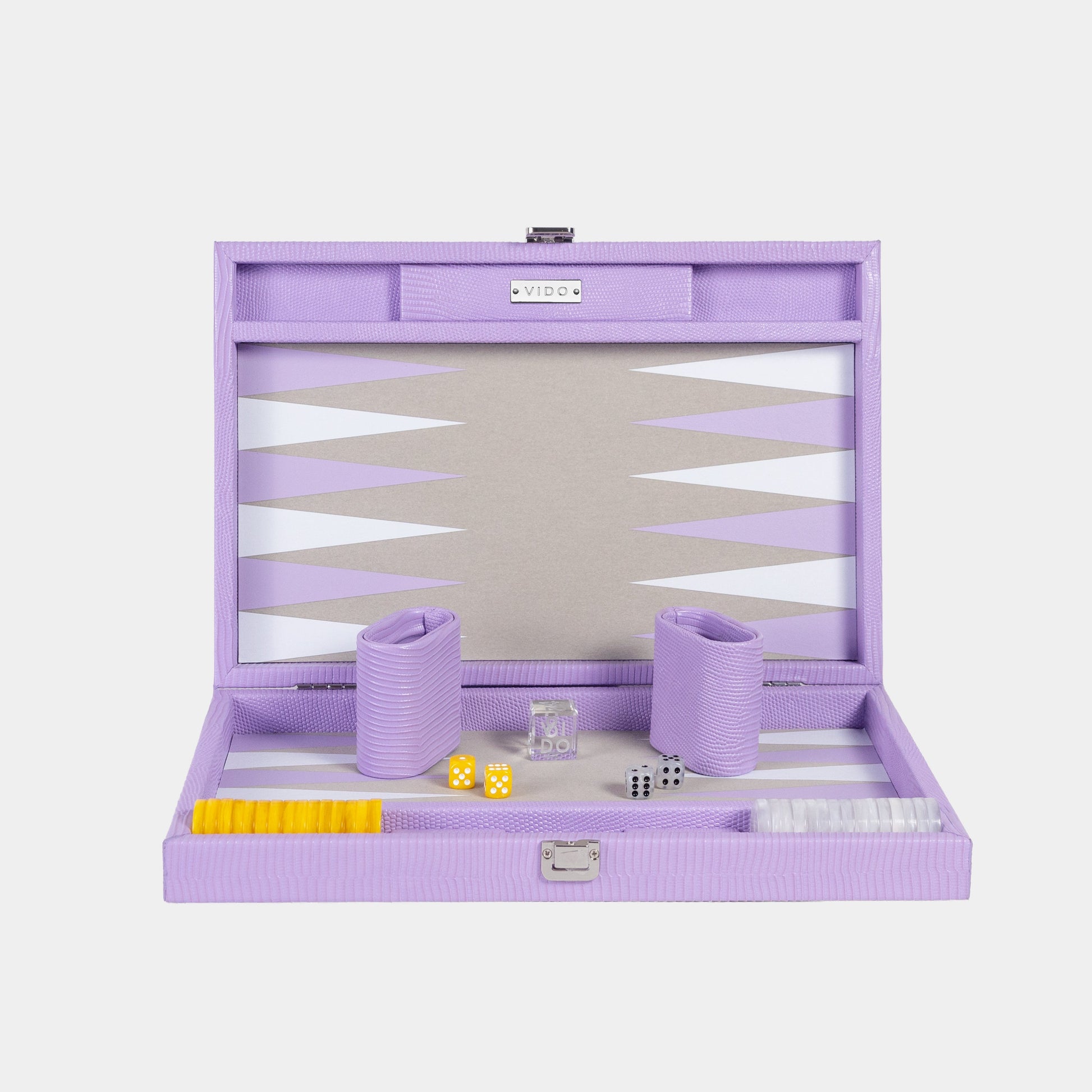 Purple backgammon set with pieces and dice on a white background by VIDO