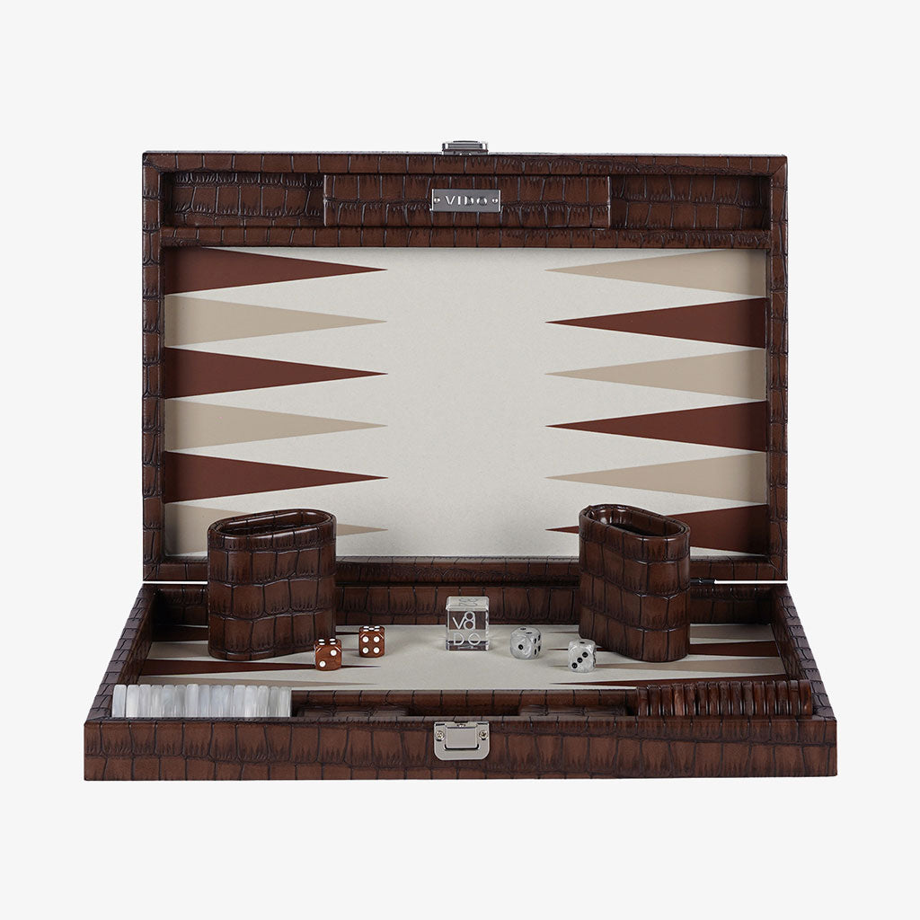 Backgammon Crocodile Marron Patiné - Medium