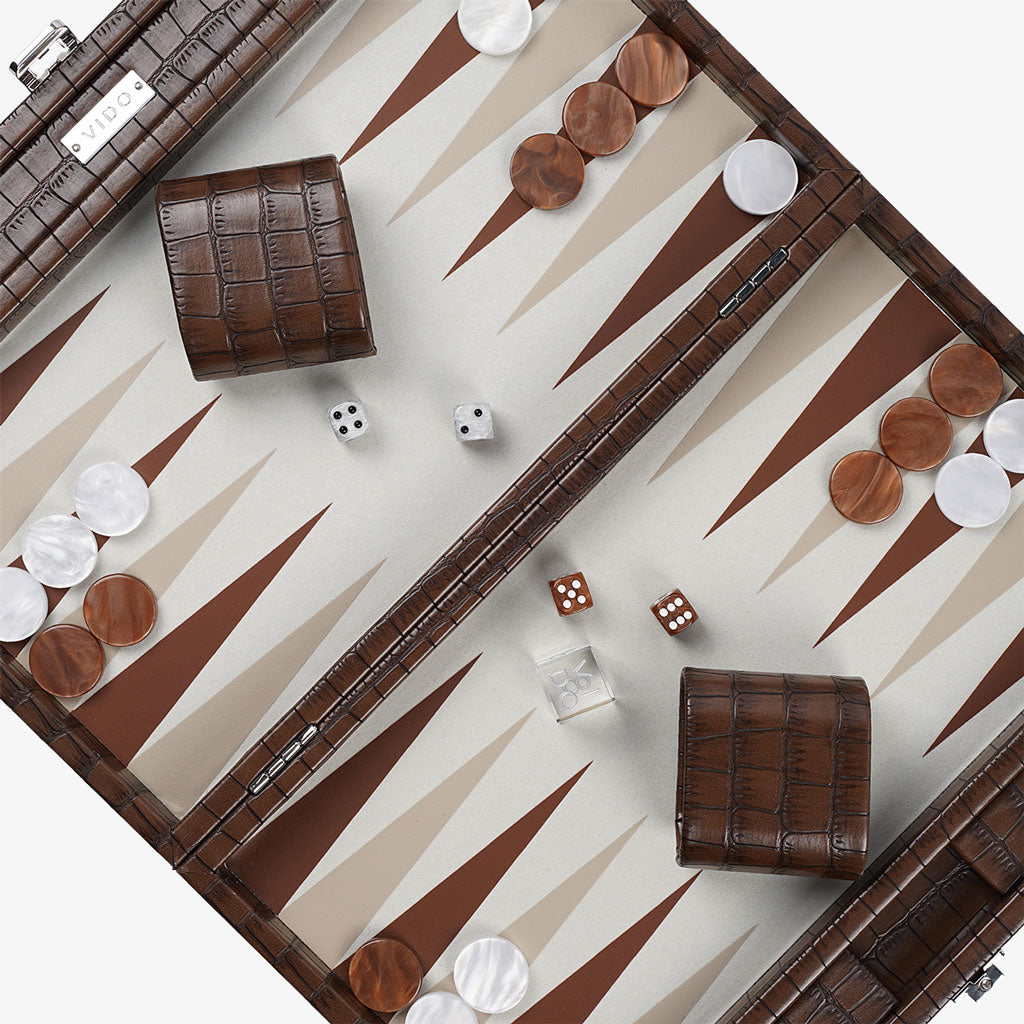 Backgammon Crocodile Marron Patiné - Medium