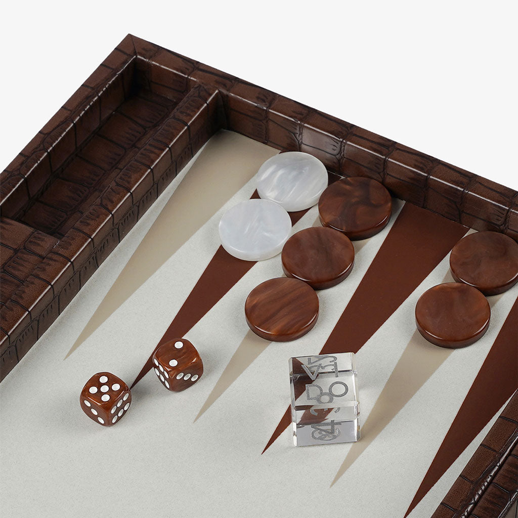 Backgammon Crocodile Marron Patiné - Medium