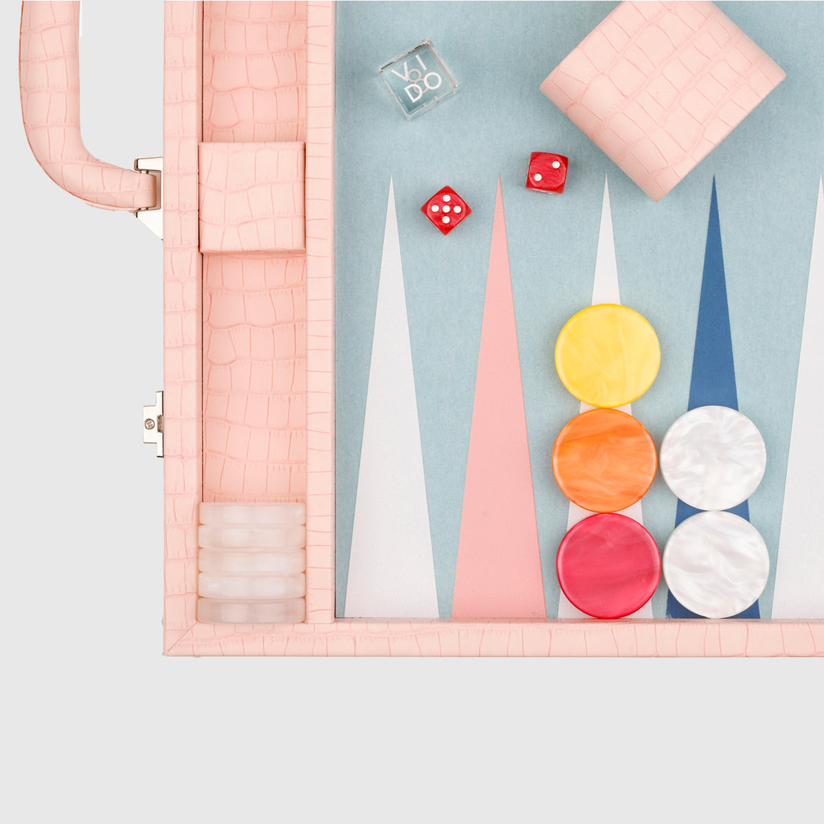 Grand Backgammon Rose 51cm en cuir vegan crocodile avec pions de 44mm