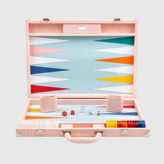 Grand Backgammon Rose 51cm en cuir vegan crocodile avec pions de 44mm